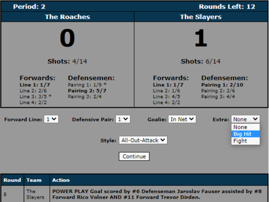 screenshot of the slot-machine-like interface for playing ice hockey matches