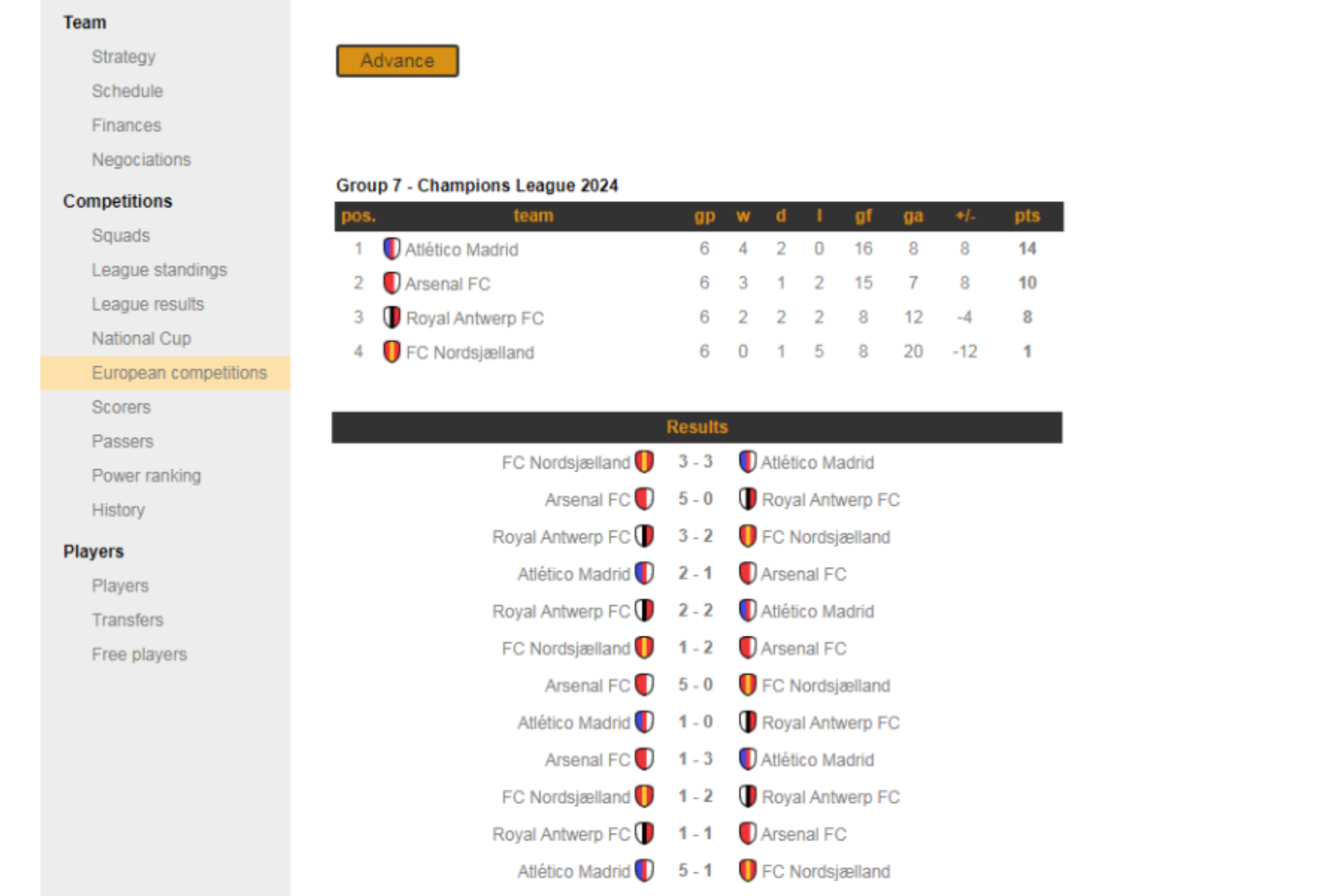 League standings